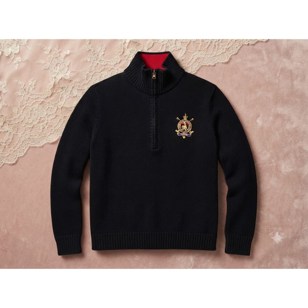 Lauren Ralph Lauren Women’s L Black Cotton Crest Quarter Zip Sweater Mock Neck